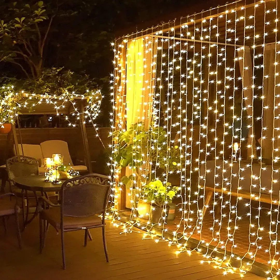Cortina LED decorativa 3x3m + luz cálida profesional + control inalámbrico+ 8 modos de luces