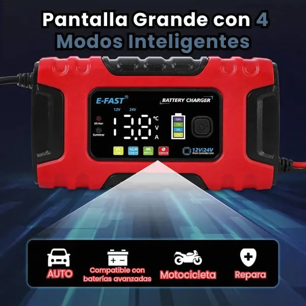 Cargador Portatil Inteligente 12V 6A con Protección Total para Auto y Moto