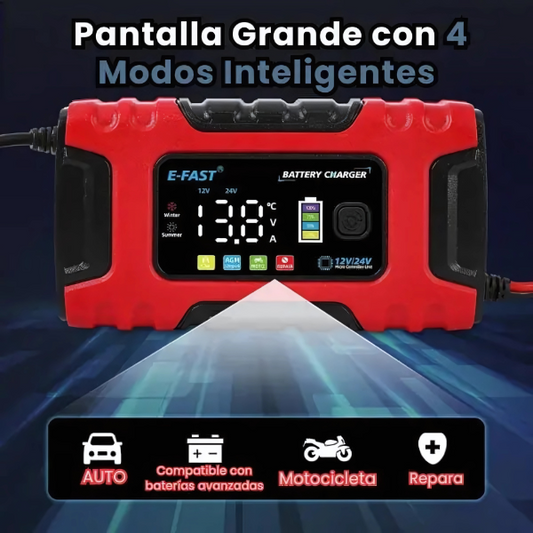 Cargador Portatil Inteligente 12V 6A con Protección Total para Auto y Moto