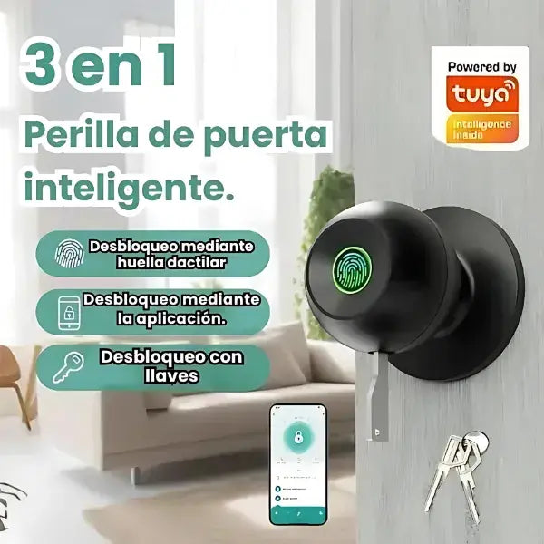 Cerradura biométrica 3 en 1 con desbloqueo rápido + control por app + llave mecánica