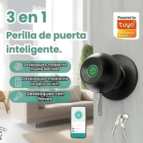 Cerradura biométrica 3 en 1 con desbloqueo rápido + control por app + llave mecánica