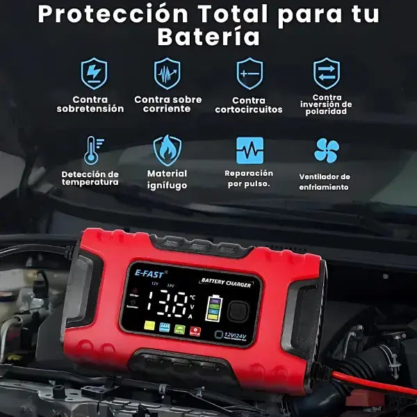 Cargador Portatil Inteligente 12V 6A con Protección Total para Auto y Moto