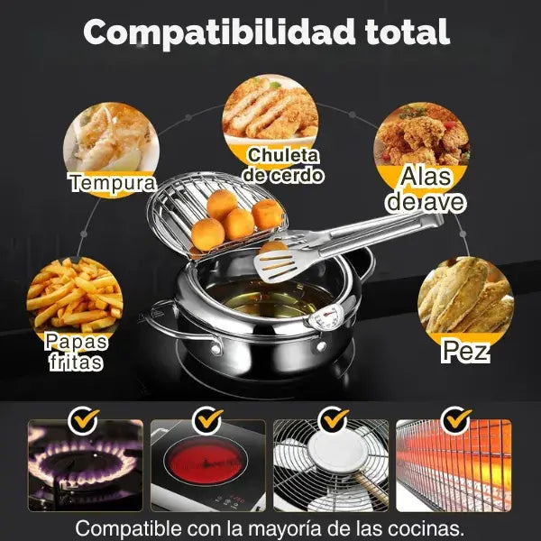 Freidora Tempura Japonesa de Acero Inoxidable + Control de Temperatura + Filtro de Aceite Premium 3.2L