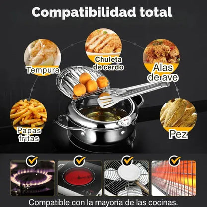 Freidora Tempura Japonesa de Acero Inoxidable + Control de Temperatura + Filtro de Aceite Premium 3.2L