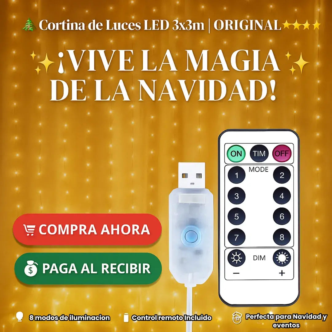 Cortina LED decorativa 3x3m + luz cálida profesional + control inalámbrico+ 8 modos de luces