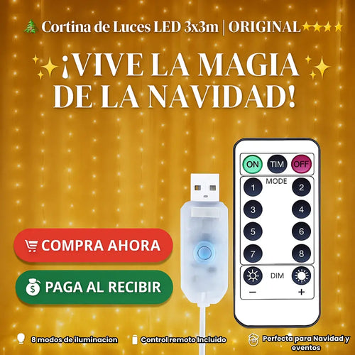 Cortina LED decorativa 3x3m + luz cálida profesional + control inalámbrico+ 8 modos de luces