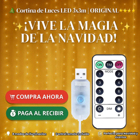 Cortina LED decorativa 3x3m + luz cálida profesional + control inalámbrico+ 8 modos de luces