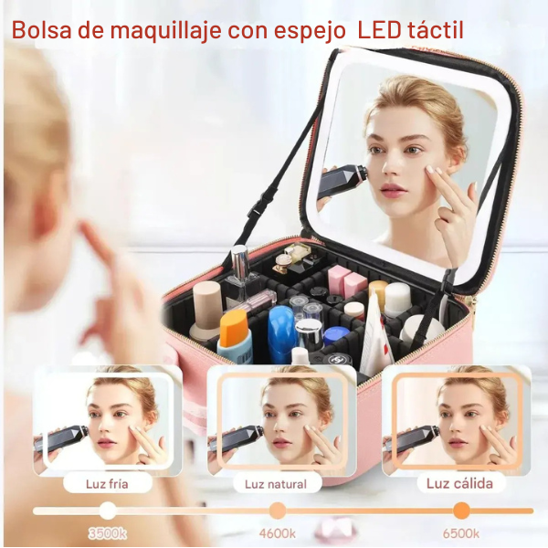 Cosmetiquera de lujo con espejo LED + 6 compartimientos ajustables + bolsillo para brochas.