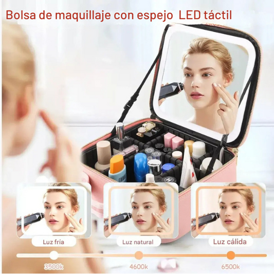 Cosmetiquera de lujo con espejo LED + 6 compartimientos ajustables + bolsillo para brochas.