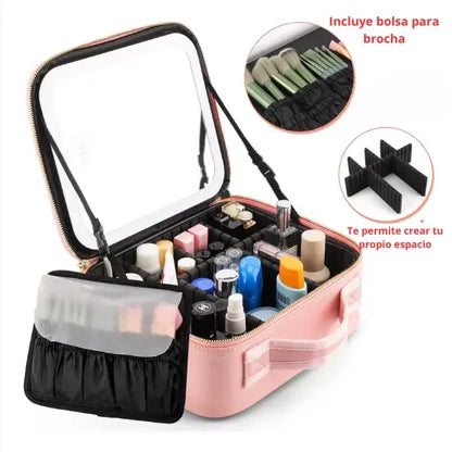 Cosmetiquera de lujo con espejo LED + 6 compartimientos ajustables + bolsillo para brochas.