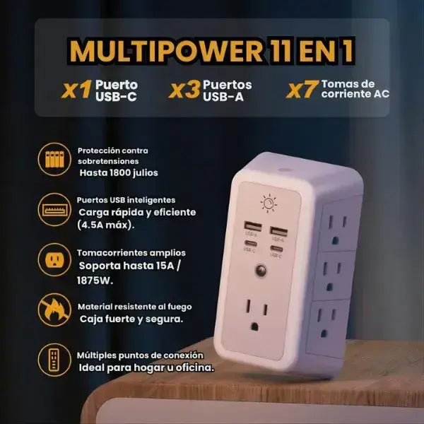 Multipower 11 en 1 de lujo con 7 tomas + 4 USB de carga rápida + luz LED inteligente