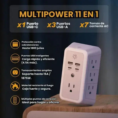 Multipower 11 en 1 de lujo con 7 tomas + 4 USB de carga rápida + luz LED inteligente