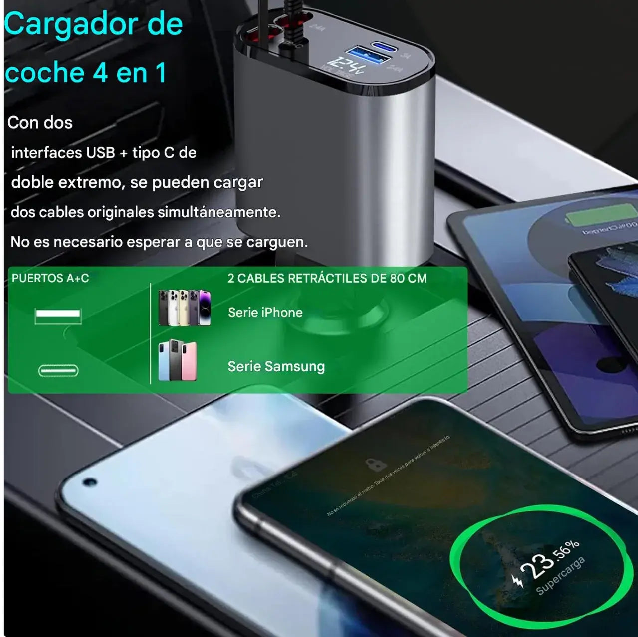 Cargador de Auto Premium con Carga Rápida QC 3.0 + USB-C | Triple Puerto Inteligente + Protección Avanzada + Diseño Compacto de Lujo