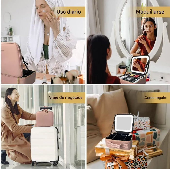 Cosmetiquera de lujo con espejo LED + 6 compartimientos ajustables + bolsillo para brochas.