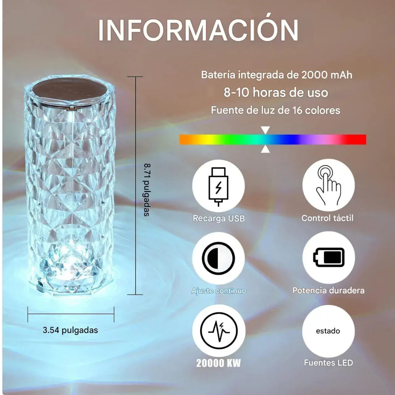 Lámpara de Cristal 3D Táctil | 16 Colores | Diseño Diamante | USB | -35%