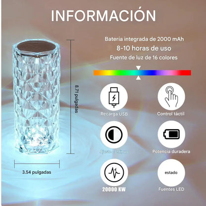 Lámpara de Cristal 3D Táctil | 16 Colores | Diseño Diamante | USB | -35%