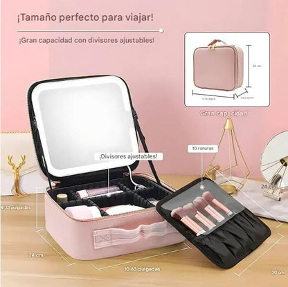 Cosmetiquera de lujo con espejo LED + 6 compartimientos ajustables + bolsillo para brochas.